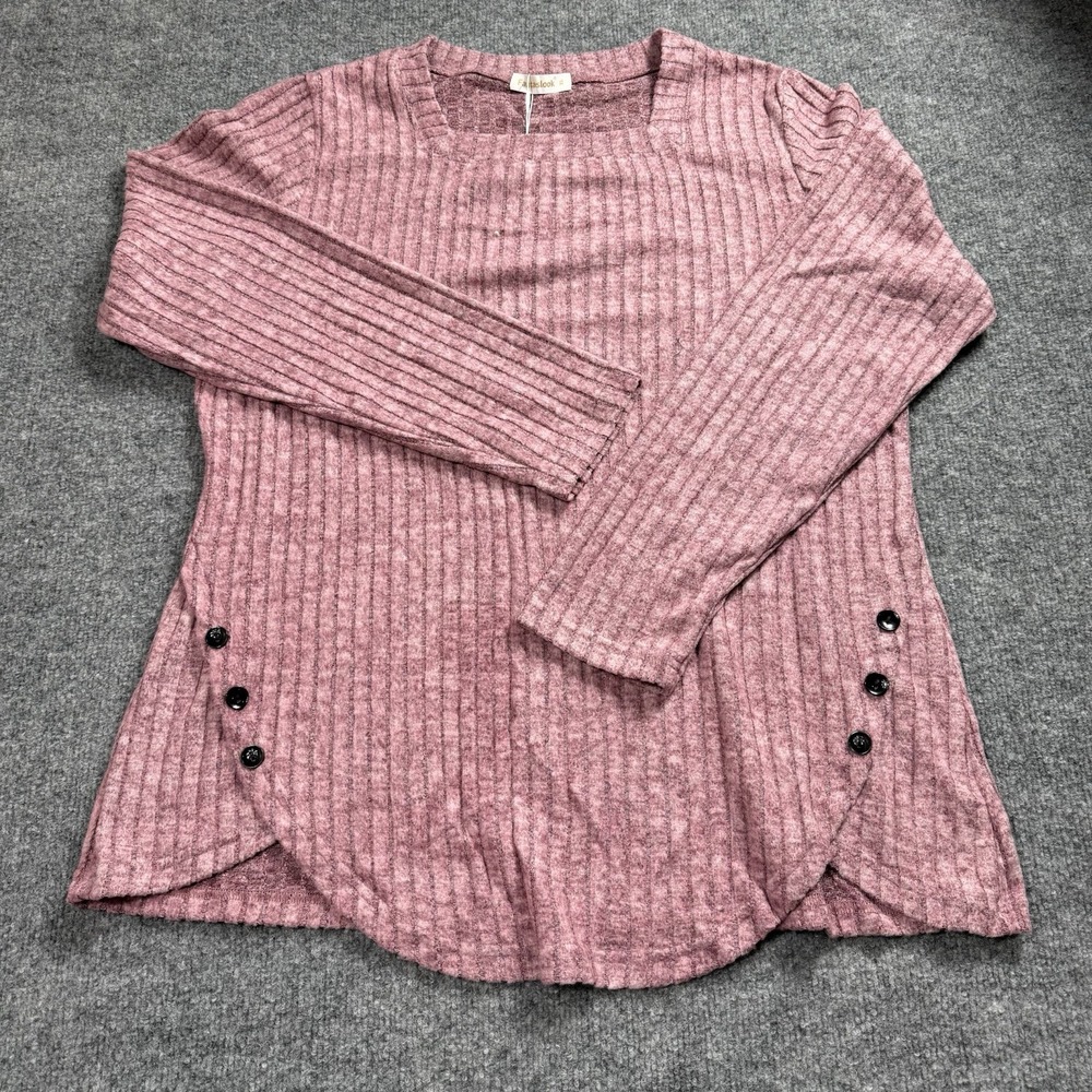 Fantaslook Women Pink Ribbed Knit Top Square Neck Long Sleeve Side Button Hem-XL